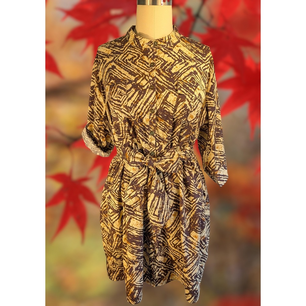 Mlle Gabrielle Brown Shirt Dress 3X Plus Cotton Roll Tab Sleeve Shirred & Belted
